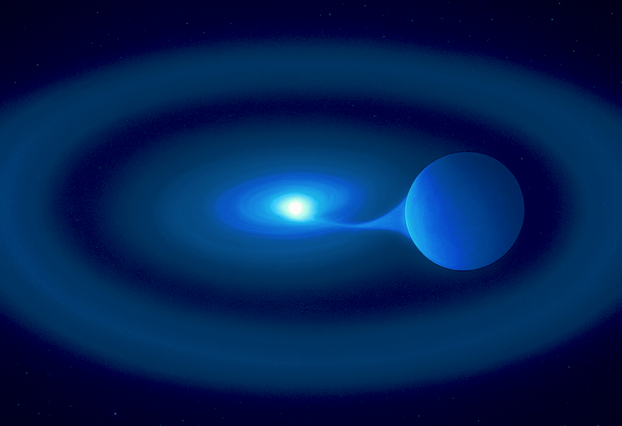 Artist's impression of the white dwarf at the heart of V Sagittae, its larger but less massive companion and its surrounding disk and ring.